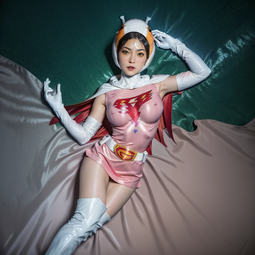ANI_CLASSIC_jun_gatchaman_ownwaifu,1girl, ,good anatomy, masterpiece, best quality,realistic, hyperrealistic, 16k hdr, long hair,breasts,greelips,large breasts,lipstick,maoves,cape,helmet,belt,elbow gloves,white gloves,mask,ultra miniskirt,leotard,spacesuit,white tight overknee highheels boots,pink dress,superhero,bodysuit,cleavage,erected nipples,(at poses, from abmeltoe