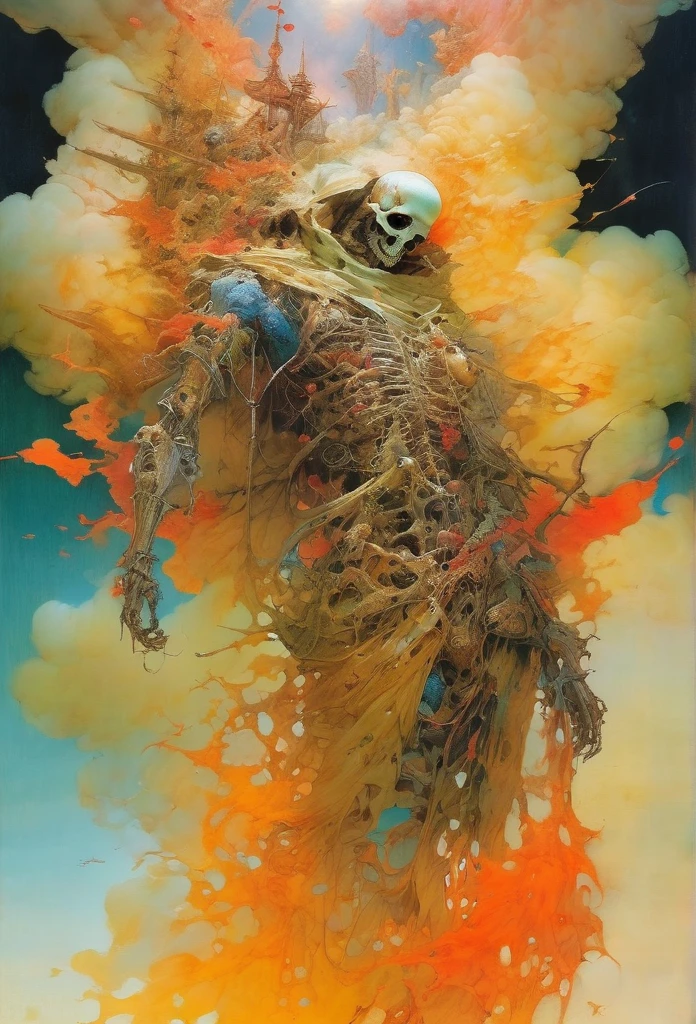 Drawing inspiration from modern masters like Range Murata,Yoshitaka Amano, Death suspended everywhere in the sky., soft ambient lighting, vibrant colors,meticulous detailing