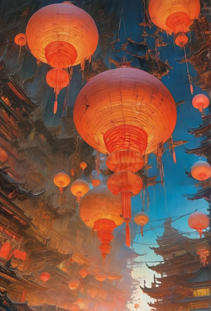 Drawing inspiration from modern masters like Range Murata,Yoshitaka Amano, Death suspended everywhere in the sky., soft ambient lighting, vibrant colors,meticulous detailing