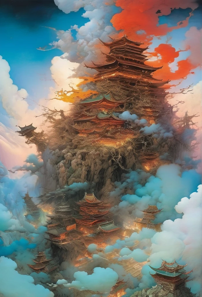 Drawing inspiration from modern masters like Range Murata,Yoshitaka Amano, Death suspended everywhere in the sky., soft ambient lighting, vibrant colors,meticulous detailing