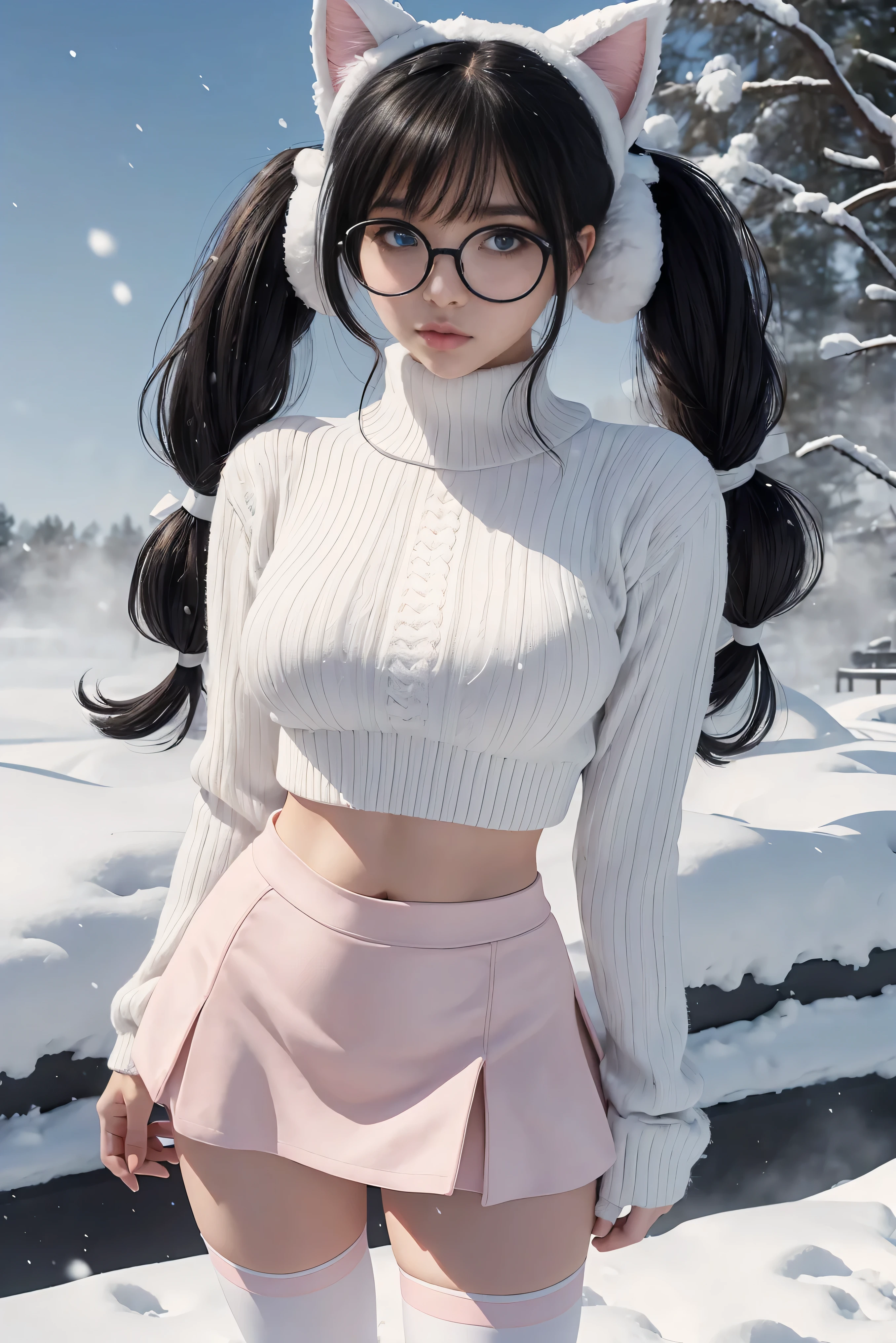 (Best Quality,High resolution:1.2), Ultra-detailed, Realistic portrait, hot Russian girl, pretty face, perfect long legs, full body, tiny waist. large breasts, standing, tight white cropped jumper, black high waist leggings, pink and white snow boots, in the snow, large blue eyes, long black hair tied up with a ribbon, pigtails, tight high waist mini skirt, woolen socks, hair bangs, snowing, foggy, (large round black rimmed glasses), cat ears, (large bow at the back of head, midriff)