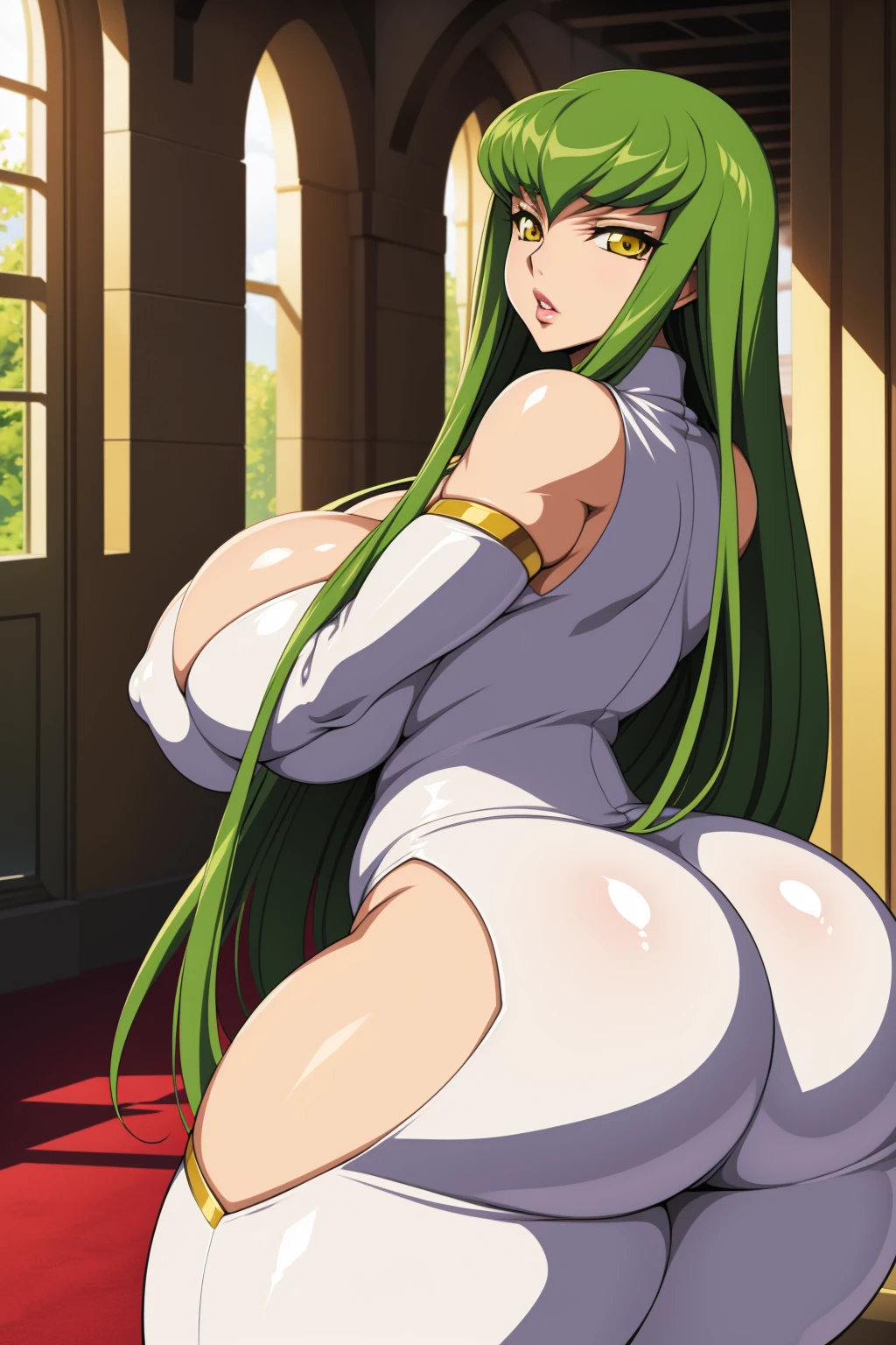 Code Geass, C.C, 1girl, (((bimbo))), Long green hair, yellow eyes, puffy lips, painted lips, thick lips, wide hips, thick thighs, big breasts, huge ass, revealing cleavage, erotic, erotic face, bubble butt, camel toe, Breasts, white suit, posing, revealing cleavage, looking back,