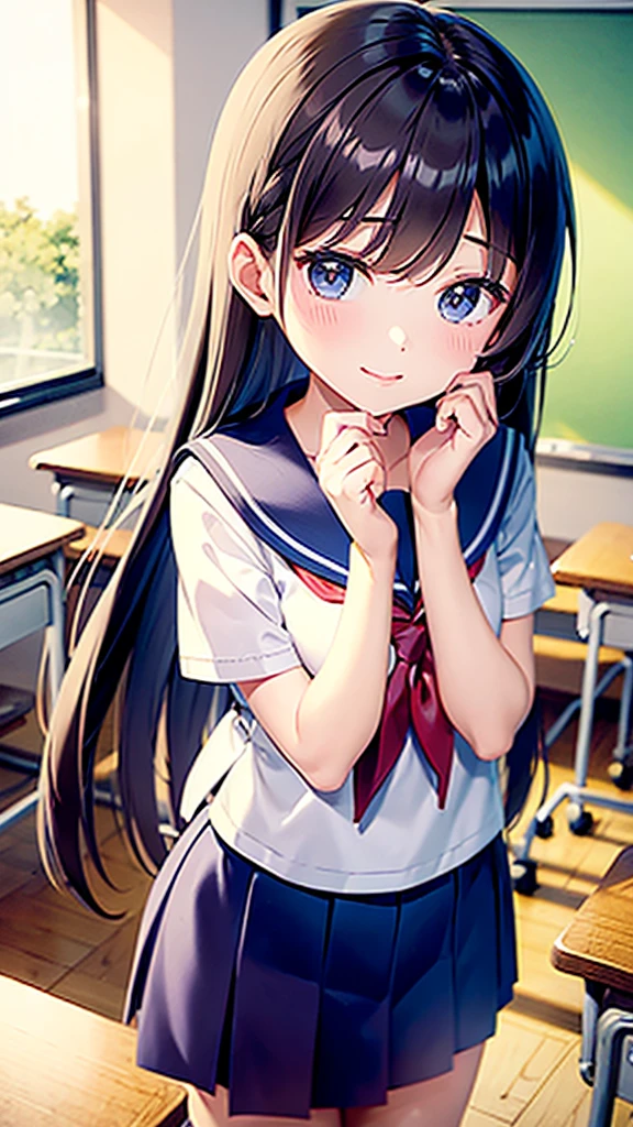 One girl、Waiting for someone in a school classroom、Sailor suit