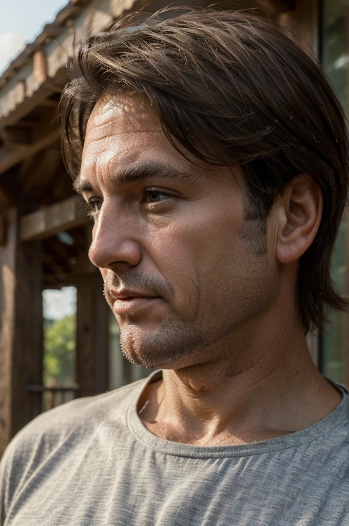 ((best quality)), ((masterpiece)), (detailed), 50-year-old man with slightly graying brown hair taking a pic from a low angle