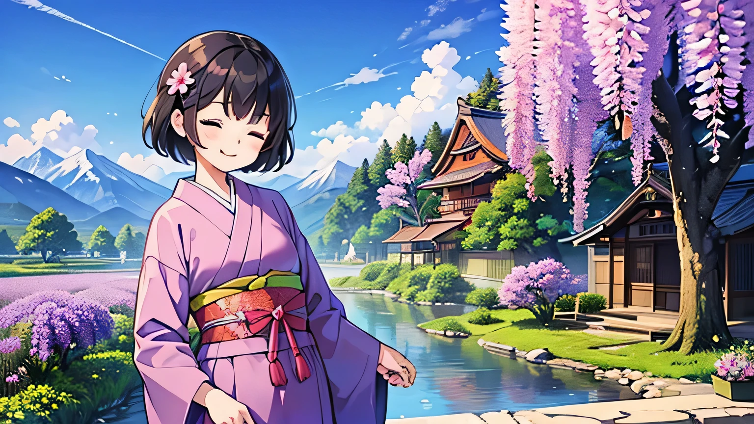 1girl, solo, flat chest, short hair, black hair, standing, gentle smile on her face((masterpiece, illustration, best quality), eyes closed, ((best quality)), ((masterpiece)), mdjrny-pprct, japanese architecture, Sakura, wisteria, flower garden, mountains and rivers, Clouds (high detial: 1.2)、evening glow