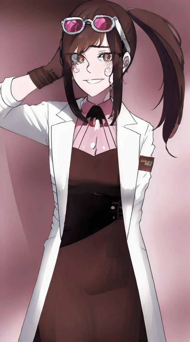 1girl,brown hair
BREAK ((emaskye, (ponytail, brown hair, labcoat),armband, eyewear on head:1.4))
BREAK ((smiling,fullbody:1.1))
BREAK indoors,
BREAK looking at viewer, 
BREAK (masterpiece:1.2), best quality, high resolution, unity 8k wallpaper, (illustration:0.8), (beautiful detailed eyes:1.6), extremely detailed face, perfect lighting, extremely detailed CG, (perfect hands, perfect anatomy),