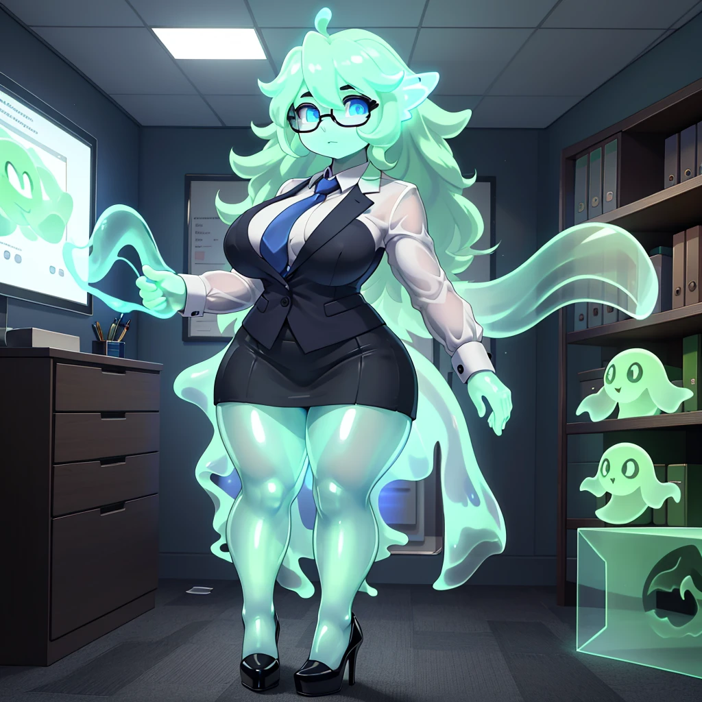 (masterpiece) (high Res), (ghost), (Perfect face), (perfect anatomy) (((((ghost body))))), green ghost woman in super tight clothes, (office suit), (mini skirt), shirt, tie, blue glowing eyes, round eyeglasses, huge breast, long curly hair, narrow waist, wide hips, thick thighs, fair translucent pale skin, (((((translucent body))))), black high heels