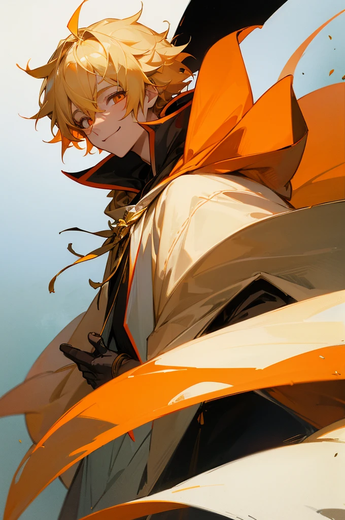 Masterpiece, solo, 1 male, neon, medium hair, blond hair, orange eyes, smile facial, white hooded cloak

