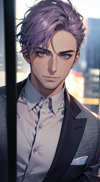 (best quality,4k,8k,highres,masterpiece:1.2),ultra-detailed,(realistic,photorealistic,photo-realistic:1.37),1 man,31 years old,mature man,very handsome,without expression,smile,short grey purple hair,blue eyes,penetrating gaze,perfect face without errors,imposing posture,businessman,office background,cinematic lighting,hdr image