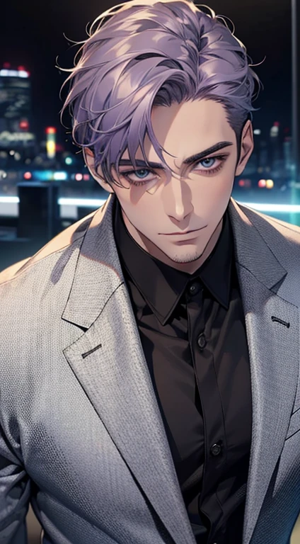 (best quality,4k,8k,highres,masterpiece:1.2),ultra-detailed,(realistic,photorealistic,photo-realistic:1.37),1 man,31 years old,mature man,very handsome,without expression,smile,short grey purple hair,blue eyes,penetrating gaze,perfect face without errors,imposing posture,businessman,office background,cinematic lighting,hdr image