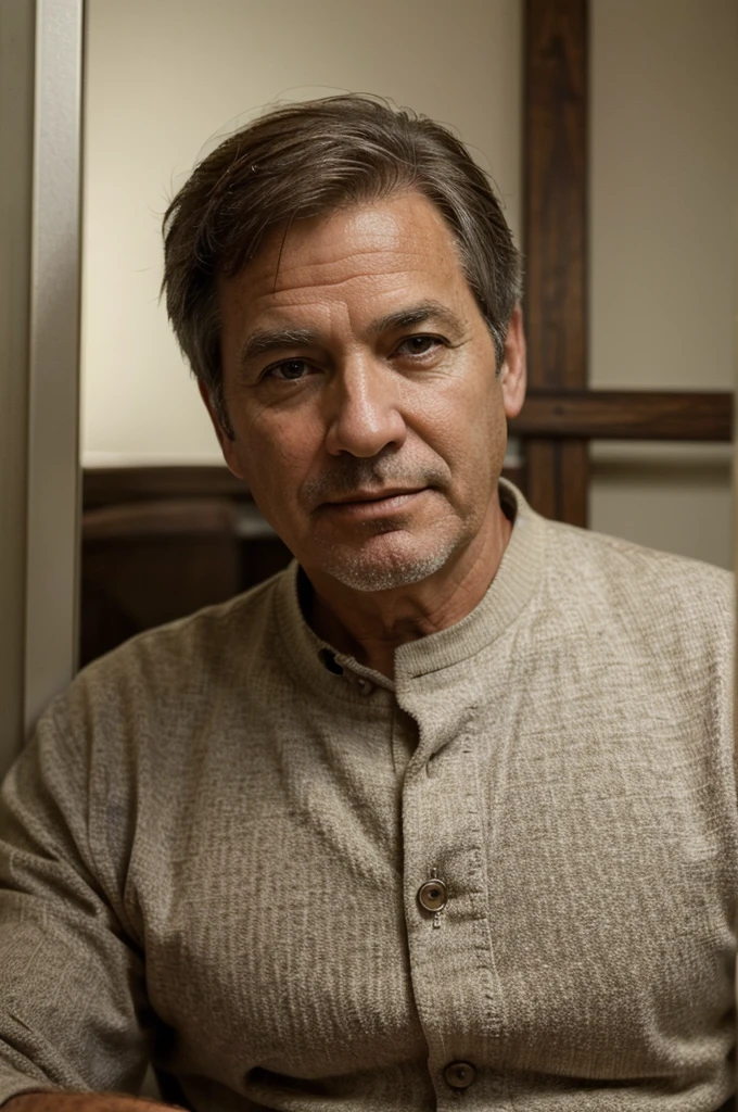 ((best quality)), ((masterpiece)), (detailed), 60-year-old man with slightly graying brown hair taking a pic from a low angle