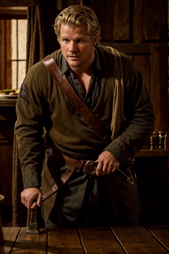 Christopher Egan as a handsome medieval knight sits at a table in a tavern, in front of him is a fat, obsequious innkeeper