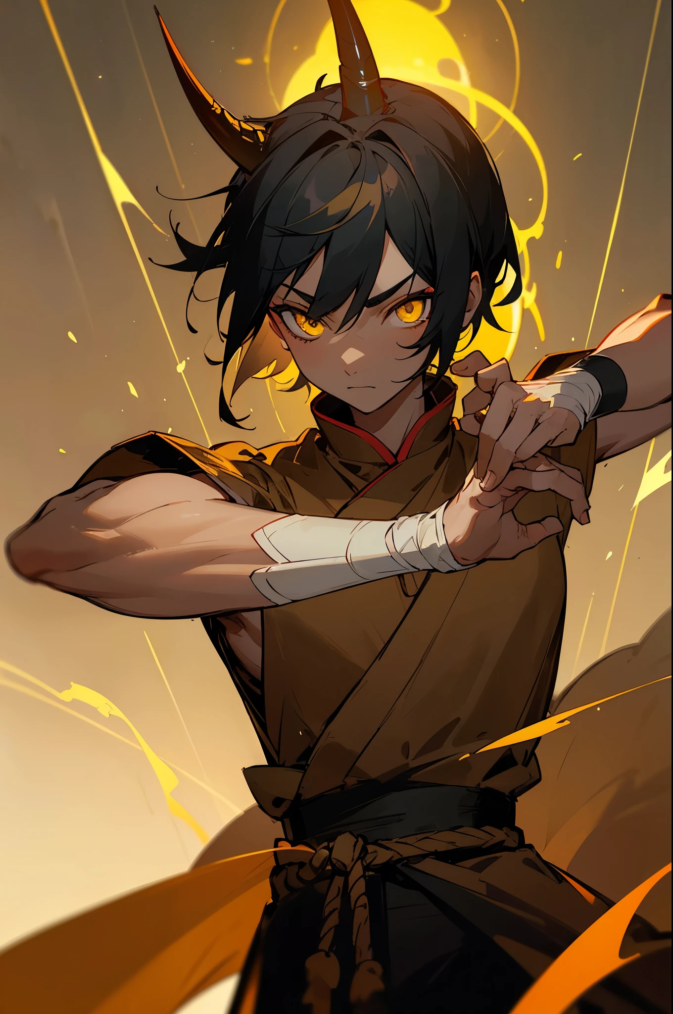 (high-quality, breathtaking),(expressive eyes, perfect face) 1boy, male, solo, young adult, black hair, yellow eyes, (short spiky hairstyles) short hair length, (dark skin), soft serious expression, Monk profession, martial artist, well built body, pants, knuckle bandages, environment background, fantasy clothing, fantasy attire, DnD Monk Class, oriental monk, half body, ancient Chinese swordsman hanfu, body tattoos, tribal body art, wuxia, black and gold clothing palette, ((tan skin color)), monk, bandage wrapped forearms, fantasy, (Dragon tattoo), (big Stigmata), character focus, ((black light)),((dark lighting)), cinematic lighting ,(darkness), (concept art), (glowing eyes), high resolution, extremely detailed CG unity 8k wallpaper, ((masterpiece)), ((top-quality)), (beautiful illustration), ((an extremely delicate and beautiful)), (masterpiece, Best quality, ultra high resolution), glowing yellow eyes, Luminous_eyes, ultra detailed eyes, Beautiful and detailed face, detailed eyes, (Centered, torso), (wide shot:0.9), facing the viewer, Eye level, (1 small black horn on top of head), gloves, horn, 1 horn, lightning aura, lightning arcing off body, lightning, arms in pockets, wearing gloves