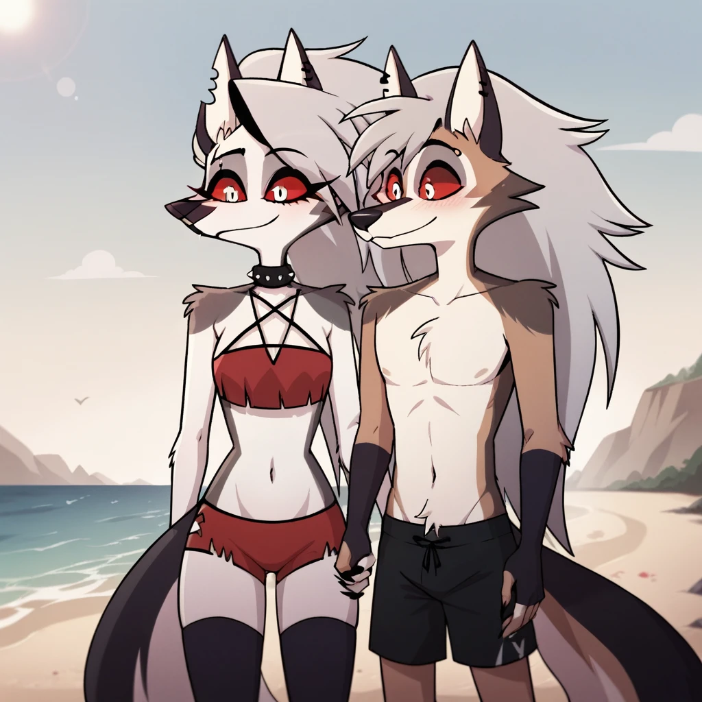 score_9, score_8_up, BREAK, source_anime, uncensored, perfect body, slim, thigh highs, fingerless gloves,
anthro, furry, pose, sexy,
Loona \(Helluva Boss\), NSFW, red swimsuit, bikini, head back, anthro male maned wolf with long spiked white hair and black face, black boxers, blushing, high detail, walking on beach, holding hands, smiling, open eyes, larger male, cuddling