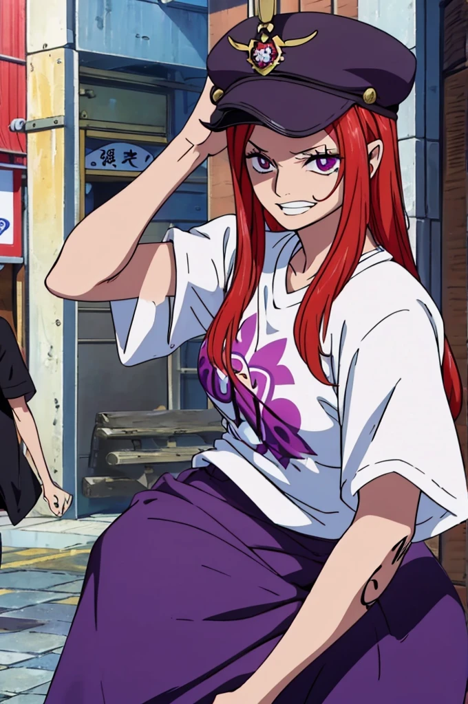 1 femal, small kid, asian, cute slanty eyes, full sleeve geisha tattoos on right arm, teardrop tattoo under eye, hip hop clothes, realistic lips, oversized white t-shirt, arms crossed propping up breast, hourglass figure, cat ears, on the street corner, pistol tucked in pants, light brown hair, purple eyes, laughing, red hair, slit pupils, peaked cap, best quality
