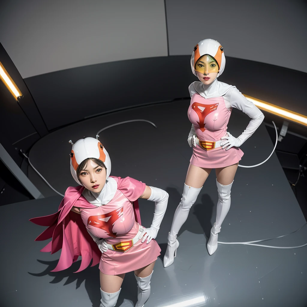 ANI_CLASSIC_jun_gatchaman_ownwaifu,1girl, ,good anatomy, masterpiece, best quality,realistic, hyperrealistic, 16k hdr,breasts,green eyes,lips,large breasts,lipstick,makeup,gloves,cape,helmet,belt,elbow gloves,white gloves,mask,ultra miniskirt,leotard,spacesuit,white tight overknee highheels boots,pink dress,superhero,bodysuit,cleavage,erected nipples,((stand poses,hands on hip)),cameltoe