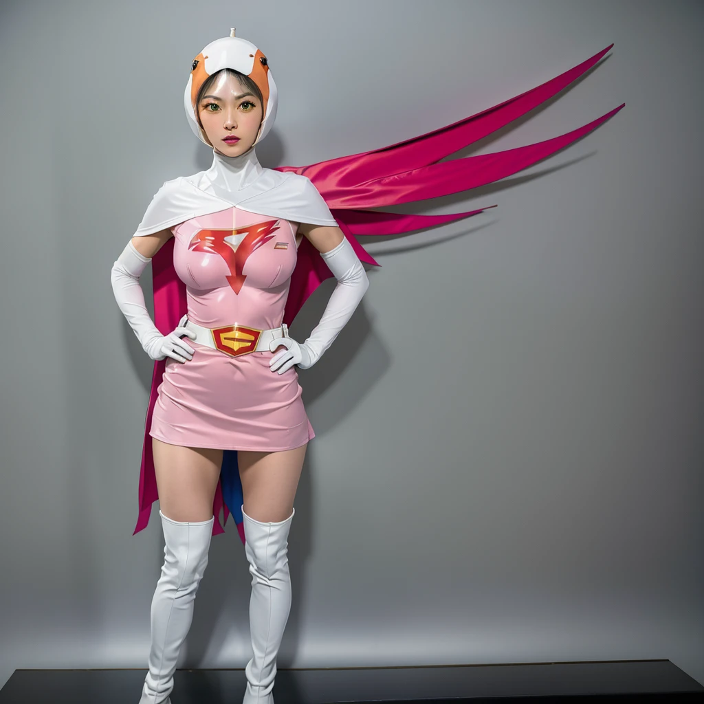 ANI_CLASSIC_jun_gatchaman_ownwaifu,1girl, 15 years old,good anatomy, masterpiece, best quality,realistic, hyperrealistic, 16k hdr,breasts,green eyes,lips,large breasts,lipstick,makeup,gloves,cape,helmet,belt,elbow gloves,white gloves,mask,ultra miniskirt,leotard,spacesuit,white tight overknee highheels boots,pink dress,superhero,bodysuit,cleavage,erected nipples,((stand poses,hands on hip)),cameltoe