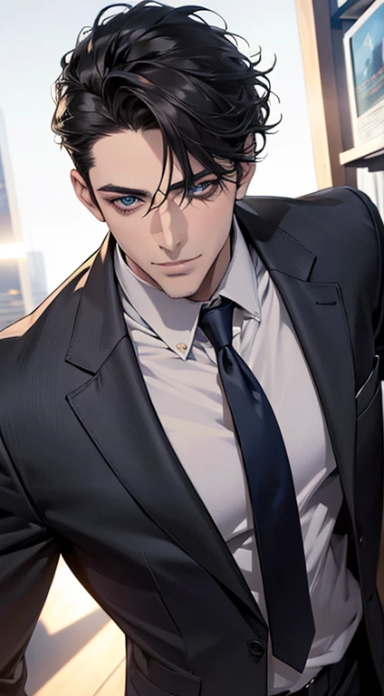 (best quality,4k,8k,highres,masterpiece:1.2),ultra-detailed,(realistic,photorealistic,photo-realistic:1.37),1 man,31 years old,mature man,very handsome,without expression,smile,short grey black hair,blue eyes,penetrating gaze,perfect face without errors,imposing posture,businessman,office background,cinematic lighting,hdr image