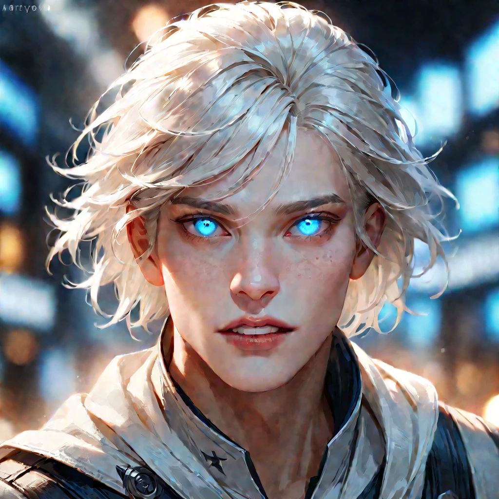 1boy, male focus, solo, glowing eyes, glowing, blue eyes, portrait, parted lips, white hair, artist name, realistic, blurry, looking at viewer, blurry background, teeth, ((medium quality)), ((medium quality))