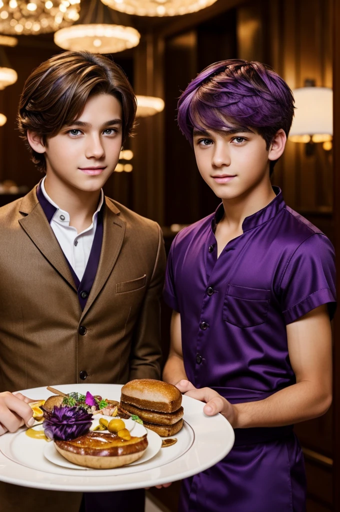 A luxurious restaurant and a boy with light brown hair, big, honey-colored eyes, with somewhat feminine characteristics and another boy with purple hair, purple eyes and male features