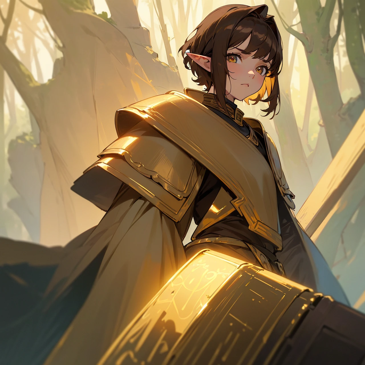 (UHD, masterpiece, face angle, high details, high quality, best quality, HD), (1Girl, 25 years, Elf, (very short brown hair), (golden eyes color, wearing light golden medieval armor), neutral pose and face, badass), (In a forest)
