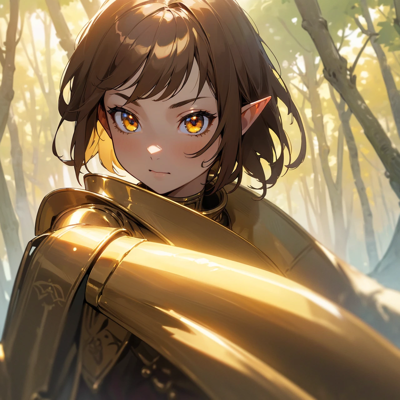 (UHD, masterpiece, face angle, high details, high quality, best quality, HD), (1Girl, 25 years, Elf, (very short brown hair), (golden eyes color, wearing light golden medieval armor), neutral pose and face, badass), (In a forest)