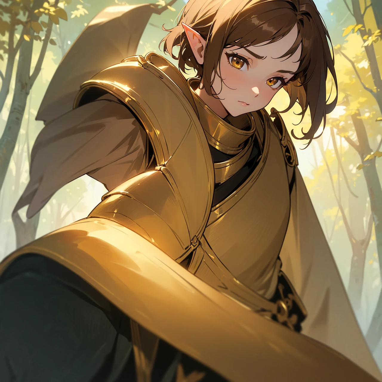 (UHD, masterpiece, face angle, high details, high quality, best quality, HD), (1Girl, 25 years, Elf, (very short brown hair), (golden eyes color, wearing light golden medieval armor), neutral pose and face, badass), (In a forest)