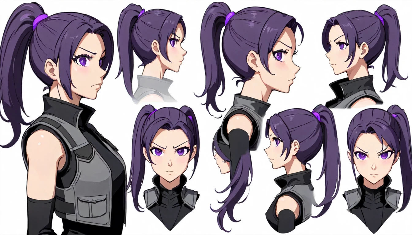 multiple views,reference sheet, model sheet, One Mature female,human, Dark hair with purple strands, Ponytail, purple eyes,black outfit,wearing gray bulletproof vest, neutral expression,Looking in Front,Head Shot,Front facing view,Back view,Side view,Top view,beautiful, masterpiece, best quality, perfect lighting,8k,simple white background.