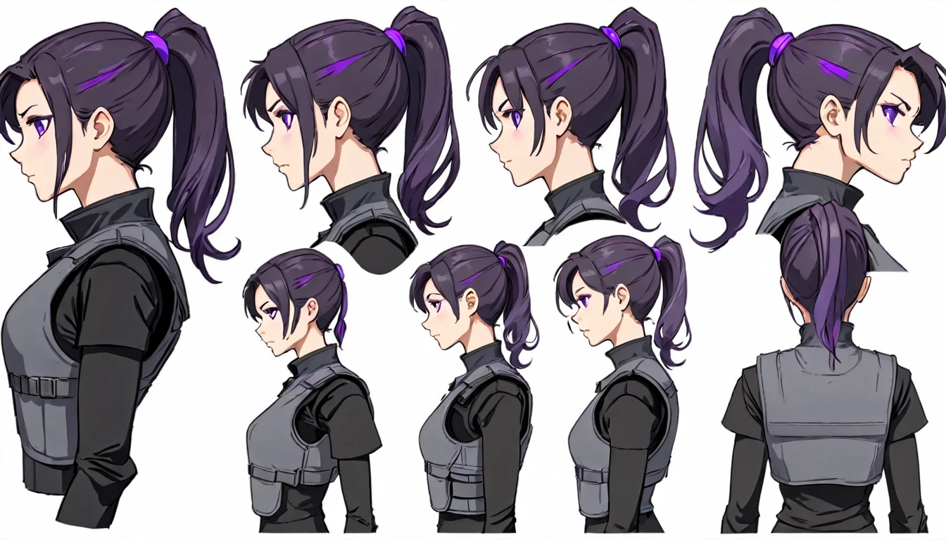 multiple views,reference sheet, model sheet, One Mature female,human, Dark hair with purple strands, Ponytail, purple eyes,black outfit,wearing gray bulletproof vest, neutral expression,Looking in Front,Head Shot,Front facing view,Back view,Side view,Top view,beautiful, masterpiece, best quality, perfect lighting,8k,simple white background.