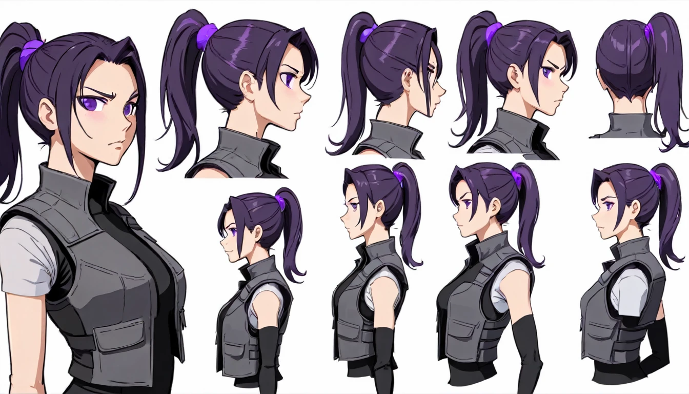 multiple views,reference sheet, model sheet, One Mature female,human, Dark hair with purple strands, Ponytail, purple eyes,black outfit,wearing gray bulletproof vest, neutral expression,Looking in Front,Head Shot,Front facing view,Back view,Side view,Top view,beautiful, masterpiece, best quality, perfect lighting,8k,simple white background.