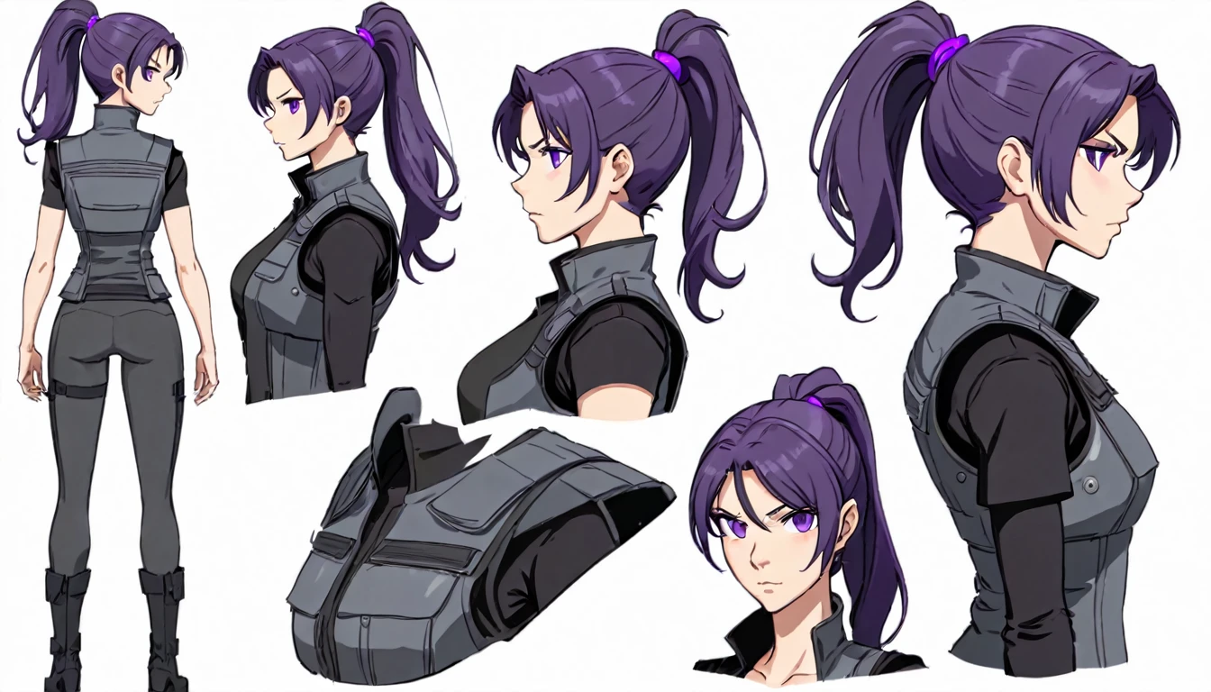 multiple views,reference sheet, model sheet, One Mature female,human, Dark hair with purple strands, Ponytail, purple eyes,black outfit,wearing gray bulletproof vest, neutral expression,Looking in Front,Head Shot,Front facing view,Back view,Side view,Top view,beautiful, masterpiece, best quality, perfect lighting,8k,simple white background.