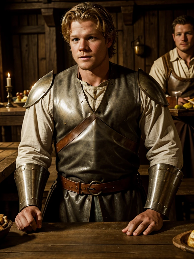 Christopher Egan as a handsome medieval knight sits at a table in a tavern, in front of him is a fat, obsequious innkeeper