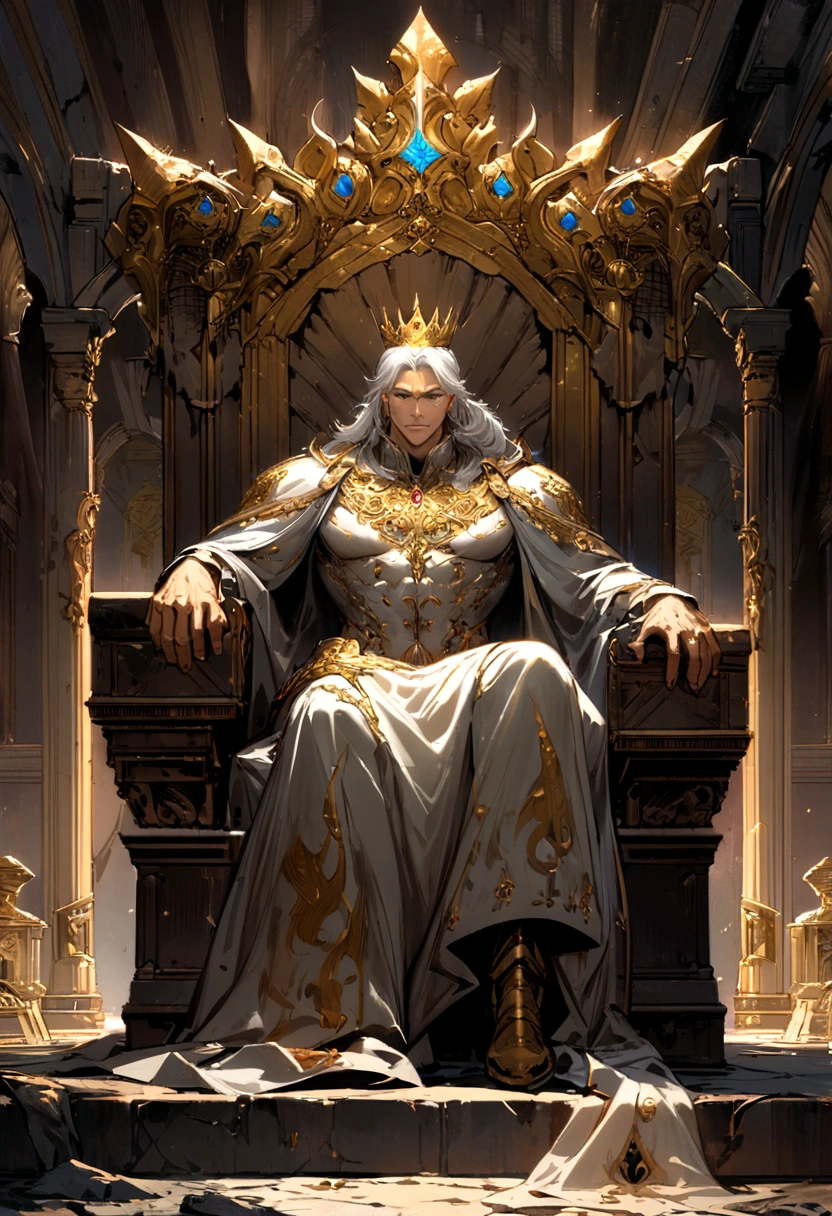 A white-haired, golden-eyed prince sits on a majestic throne inside an abandoned palace with a crown and blood all over him. The environment around him is dark and gloomy, with cracks in the walls and cobwebs hanging there. The throne is ornate, with details in gold and precious stones, and is covered by a dusty cloth. The protagonist is wearing bloodied clothing, glowing golden eyes, masterpiece, best quality, ultra-detailed, illustration, 8k resolution concept art, fantasy art, epic art, concept art wallpaper 4k, deep color, natural lighting. adult, handsome, tall muscular guy, broad shoulders.