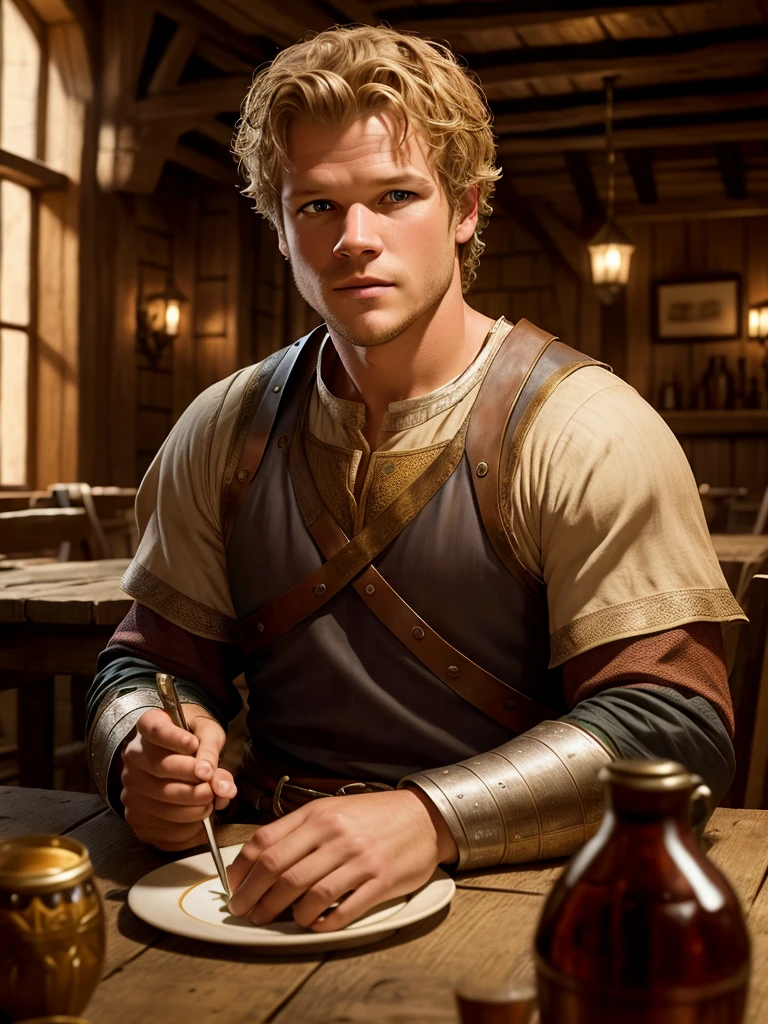 Christopher Egan as a handsome medieval knight sits at a table in a tavern, in front of him is a fat, obsequious innkeeper