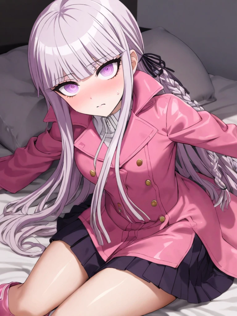 a beautiful girl with long light purple hair wearing a shiny pink raincoat, laying on a bed with white sheets and pillows, looking up at the viewer with an embarrassed and shy expression, her clothes are dripping and splattered with mud, detailed eyes, black pleated skirt, perfect anatomy, kyouko kirigiri, long hair with bangs, ribbon, purple eyes, single braid, pink rainboots