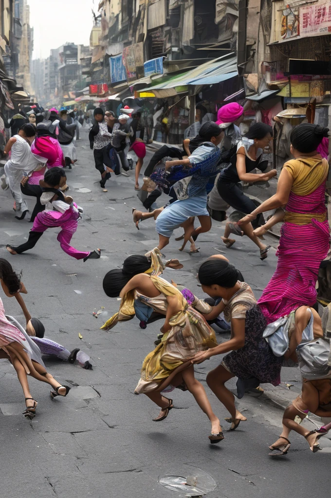 A host sneaks up on a woman Money bills falling torture bustling street