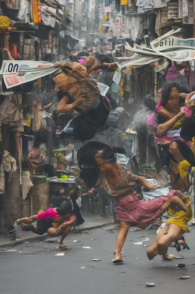 A host sneaks up on a woman　Money bills falling　torture　bustling street