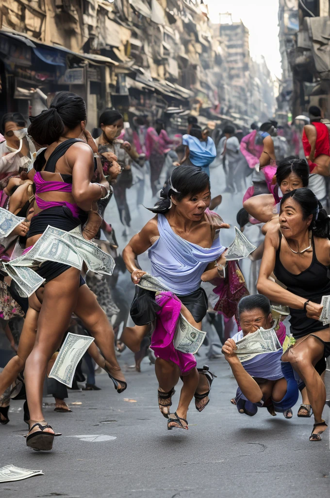 A host sneaks up on a woman Money bills falling torture bustling street