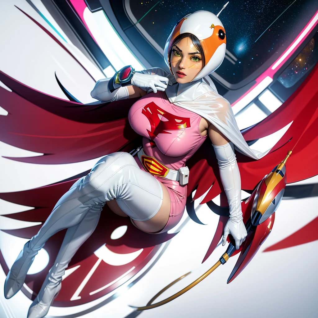 ANI_CLASSIC_jun_gatchaman_ownwaifu,1girl, 15yo,good anatomy, masterpiece, best quality,realistic, hyperrealistic, 16k hdr, long hair,breasts,green eyes,lips,large breasts,lipstick,makeup,gloves,cape,helmet,belt,elbow gloves,white gloves,mask,ultra miniskirt,leotard,spacesuit,white tight overknee highheels boots,pink dress,superhero,bodysuit,cleavage,erected nipples,(sexy pose,view from above),(spread legs:1.1),cameltoe