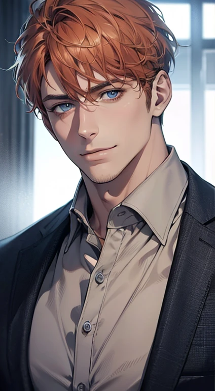 (best quality,4k,8k,highres,masterpiece:1.2),ultra-detailed,(realistic,photorealistic,photo-realistic:1.37),1 man,31 years old,mature man,very handsome,without expression,smile,short grey orange hair,blue eyes,penetrating gaze,perfect face without errors,imposing posture,businessman,office background,cinematic lighting,hdr image