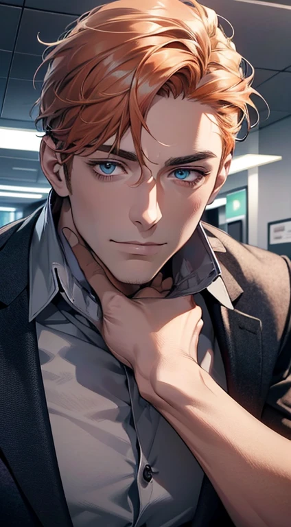 (best quality,4k,8k,highres,masterpiece:1.2),ultra-detailed,(realistic,photorealistic,photo-realistic:1.37),1 man,31 years old,mature man,very handsome,without expression,smile,short grey orange hair,blue eyes,penetrating gaze,perfect face without errors,imposing posture,businessman,office background,cinematic lighting,hdr image