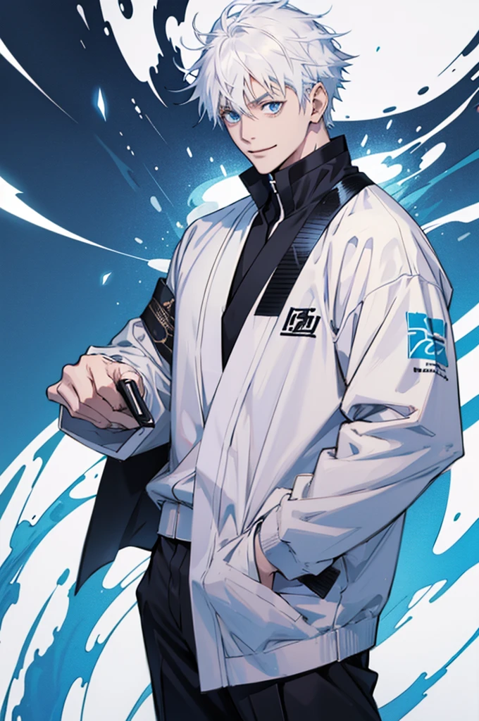 teenage anime character with white hair and blue eyes and a white person pointing at the camera smiling, whole body, jujutsu school outfit , do anime jujutsu kaisen