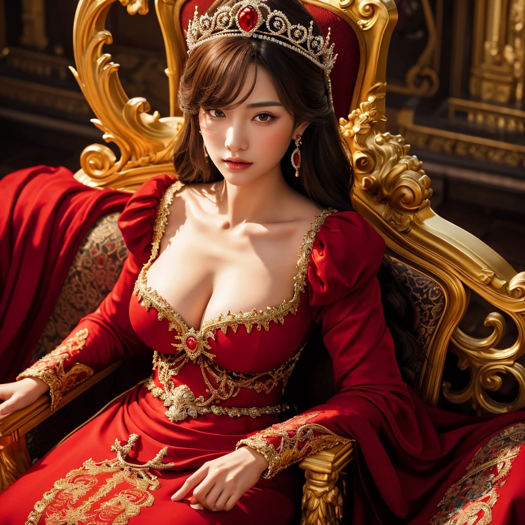 a woman with exaggerated large breasts, confident sitting on a throne, wearing a gorgeous red dress, a large ornate crown on her head, looking down at the viewer, detailed facial features, hyper-realistic, 8k, ultra-detailed, photorealistic, masterpiece, dramatic lighting, cinematic, oil painting、She is a Japanese woman、She is protected by the knights.