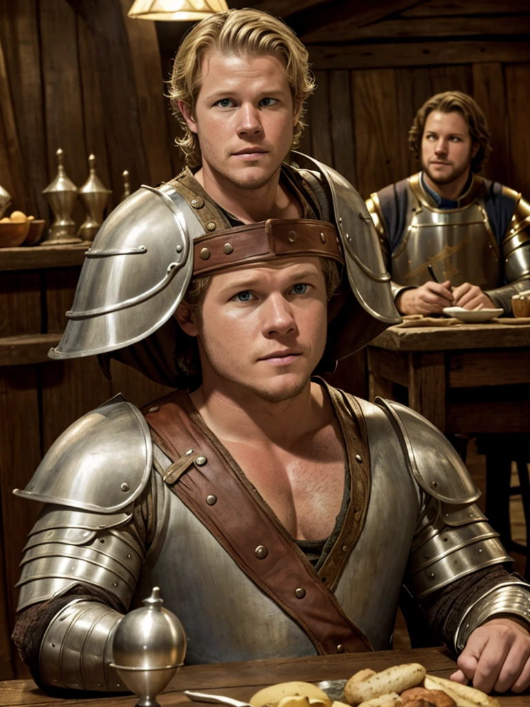 Christopher Egan as a handsome medieval knight sits at a table in a tavern, in front of him is a fat, obsequious innkeeper
