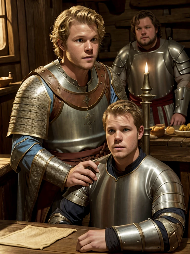 Christopher Egan as a handsome medieval knight sits at a table in a tavern, in front of him is a fat, obsequious innkeeper