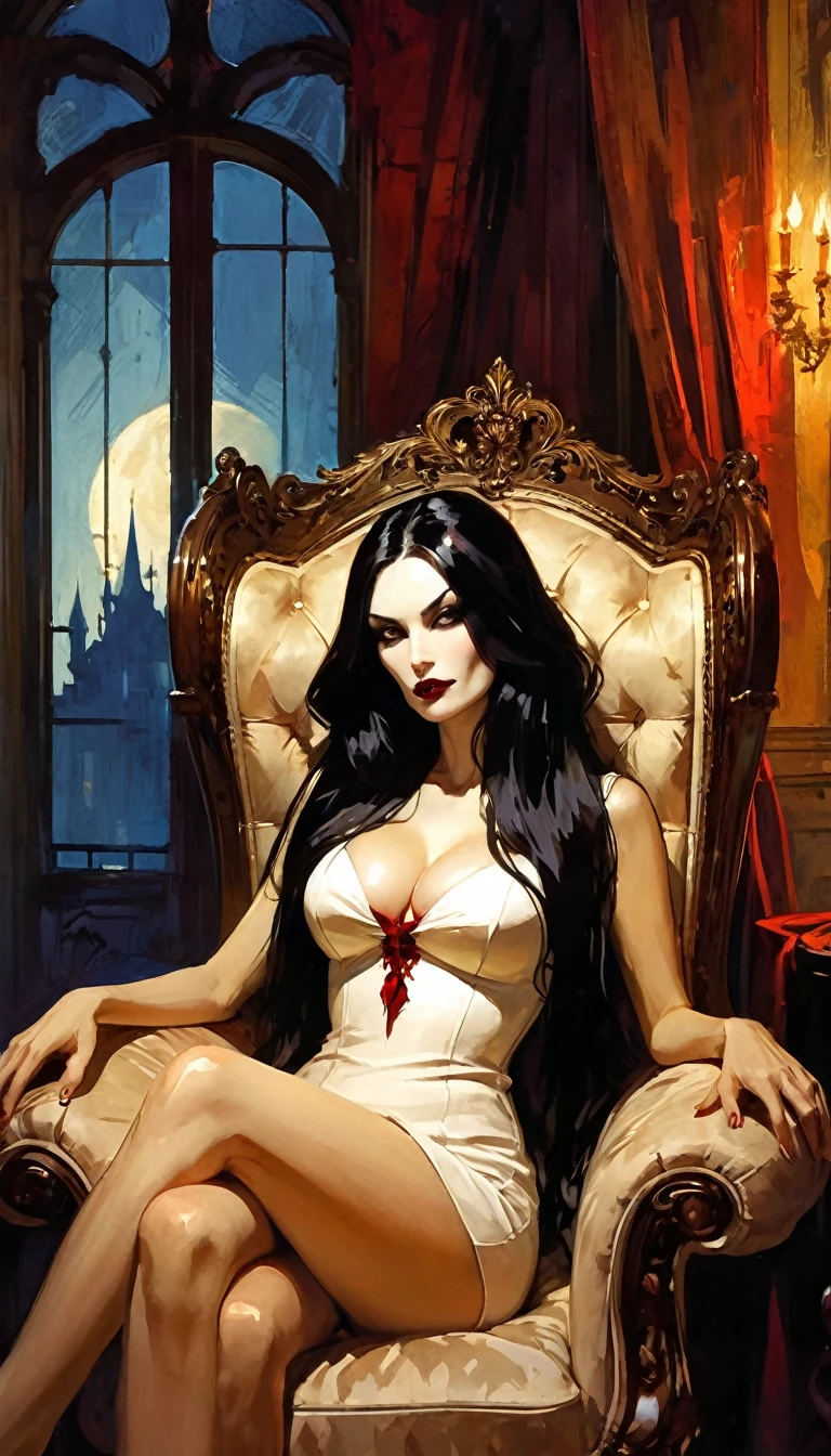 vampire girl, long black hair, middle age, full of blood, sexy middle age noble clothing, blood in the mouth, slight smile, in a palace room, sitting in a luxurious armchair, large window with night view, dim light , sepia toned, (art inspired by Bill Sienkiewicz). oil painting)
