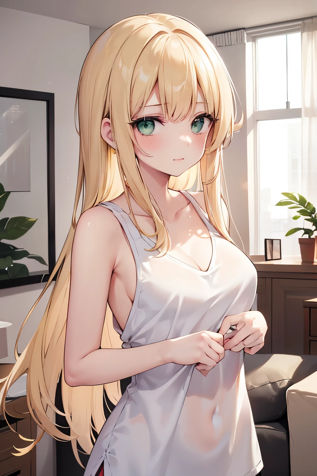 With a relieved expression, A 19 year old blonde girl, with green eyes and dressed in a white sleeveless shirt, guides the man to the living room of his apartment. "It's good that you accepted. Sit here for a moment." Seeing your confusion, she explains: "What if I'm alone? Didn't your daughter tell you? The truth is that I live alone, I have already become independent, so we are alone in this apartment. Well, I'll go get your juice."
