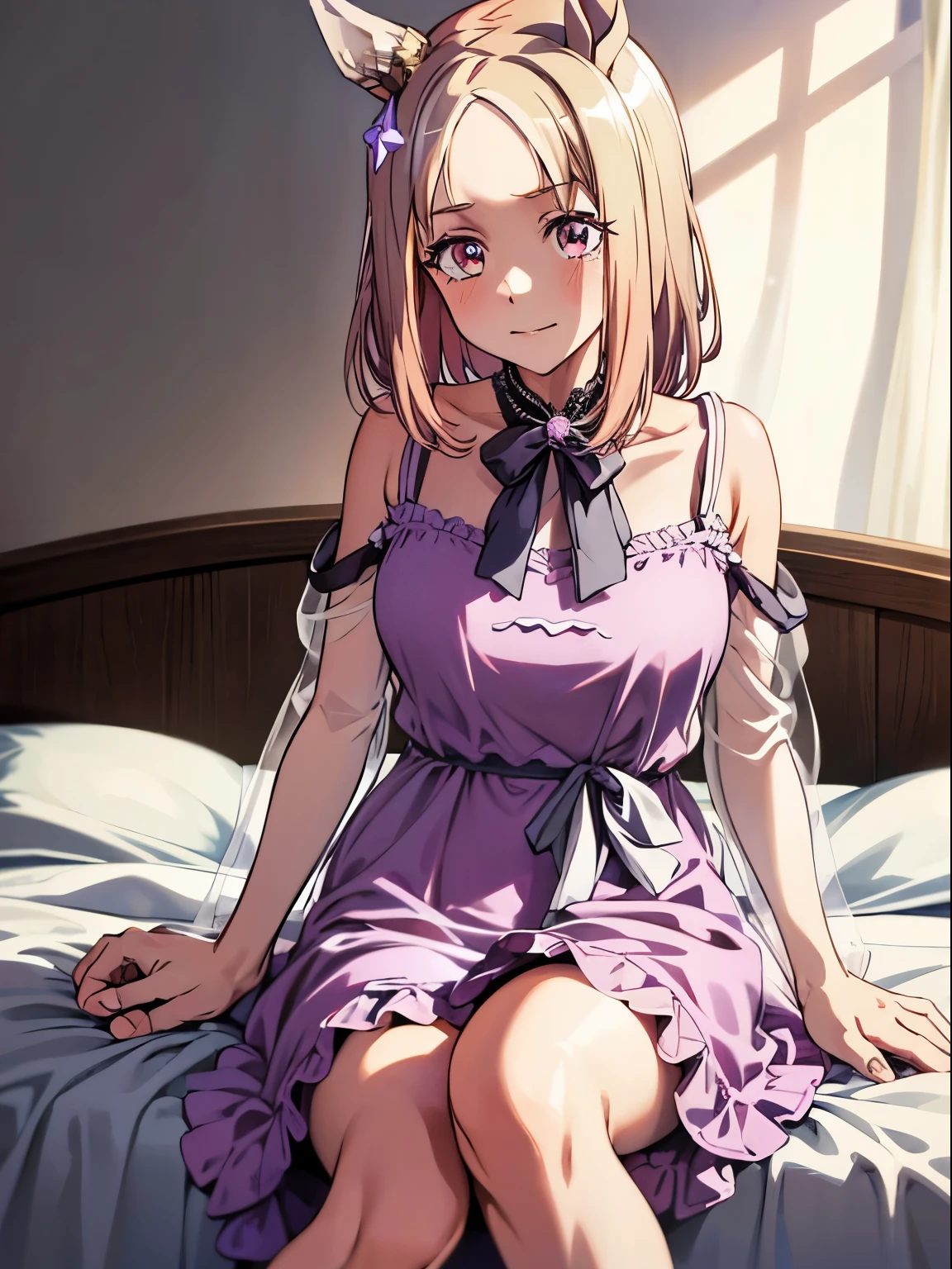 narita top road \(umamusume\), 1 girl, Solo, Cute Girl,Best Quality, Ultra-detailed, 8K, High resolution, detailed face, sitting on the bed, (((negligee, doze))),