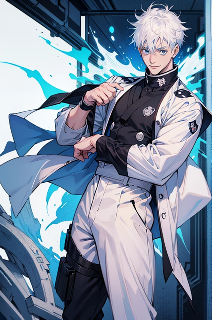 teenage anime character with white hair and blue eyes and a white person pointing at the camera smiling, whole body, jujutsu school outfit , do anime jujutsu kaisen