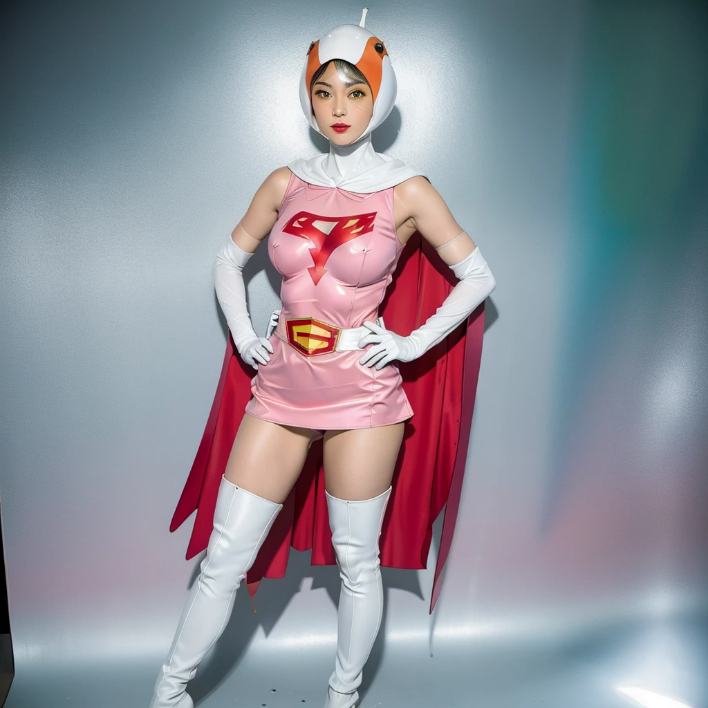 ANI_CLASSIC_jun_gatchaman_ownwaifu,1girl, 15 years old,good anatomy, masterpiece, best quality,realistic, hyperrealistic, 16k hdr,breasts,green eyes,lips,large breasts,lipstick,makeup,gloves,cape,helmet,belt,elbow gloves,white gloves,mask,ultra miniskirt,leotard,spacesuit,white tight overknee highheels boots,pink dress,superhero,bodysuit,cleavage,erected nipples,((stand poses,hands on hip)),cameltoe